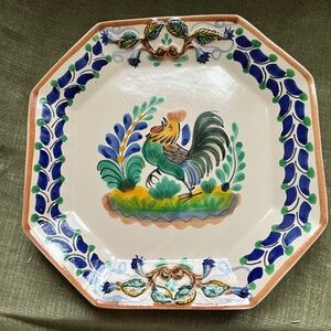 Octagonal Dinner Plate by Gorky Gonzalez ROOSTER TAN TRIM Mexican Pottery 10x10